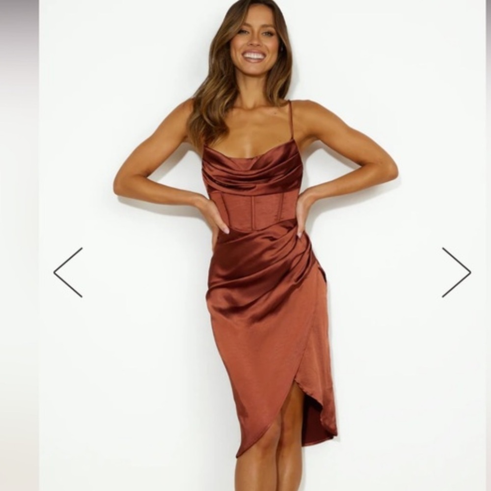 Hello Molly MY FIERCE LOVE SATIN MIDI DRESS BROWN